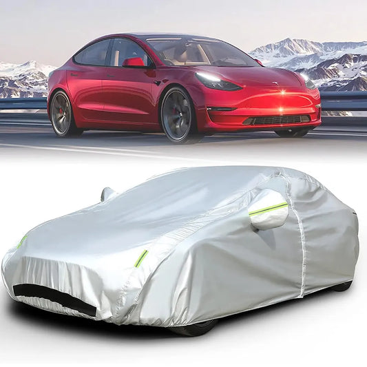 All Weather Car Cover for Tesla Model 3/Y with Ventilated Mesh Zipper Door Charge Port Opening Trunk Opening Storage Bag