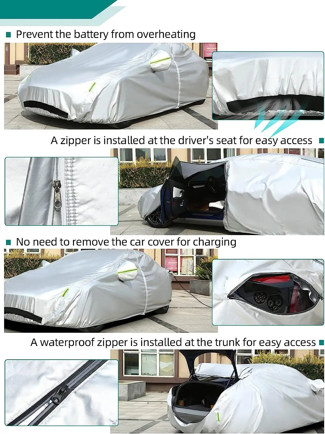 All Weather Car Cover for Tesla Model 3/Y with Ventilated Mesh Zipper Door Charge Port Opening Trunk Opening Storage Bag